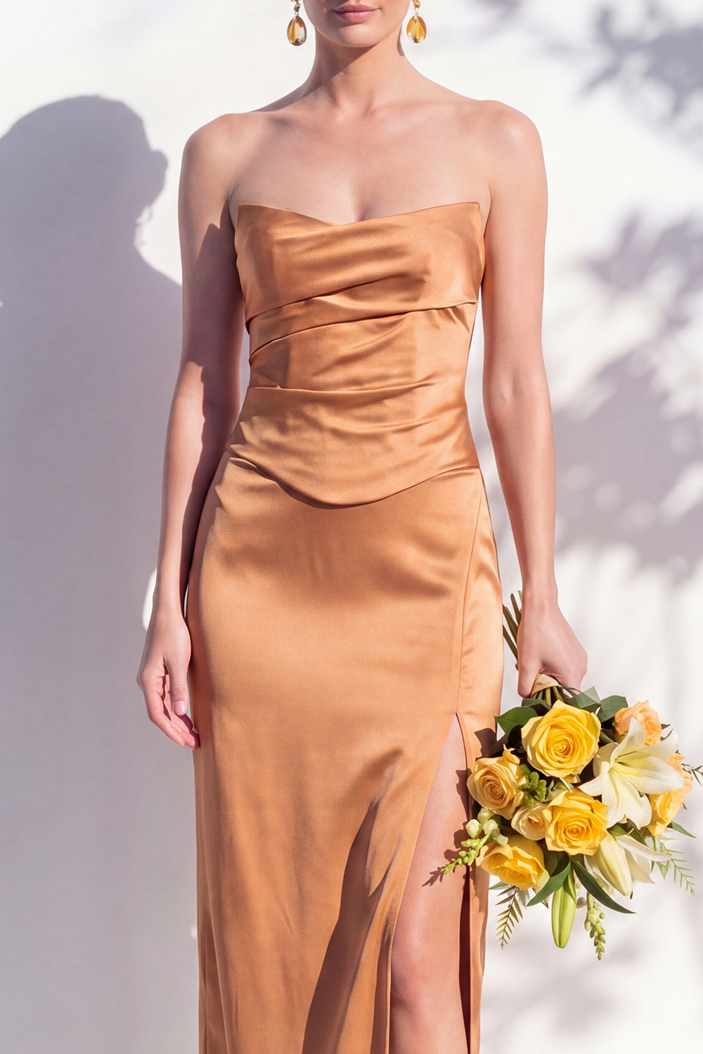 Strapless Yellow Satin Sheath Bridesmaid Dress with Slit