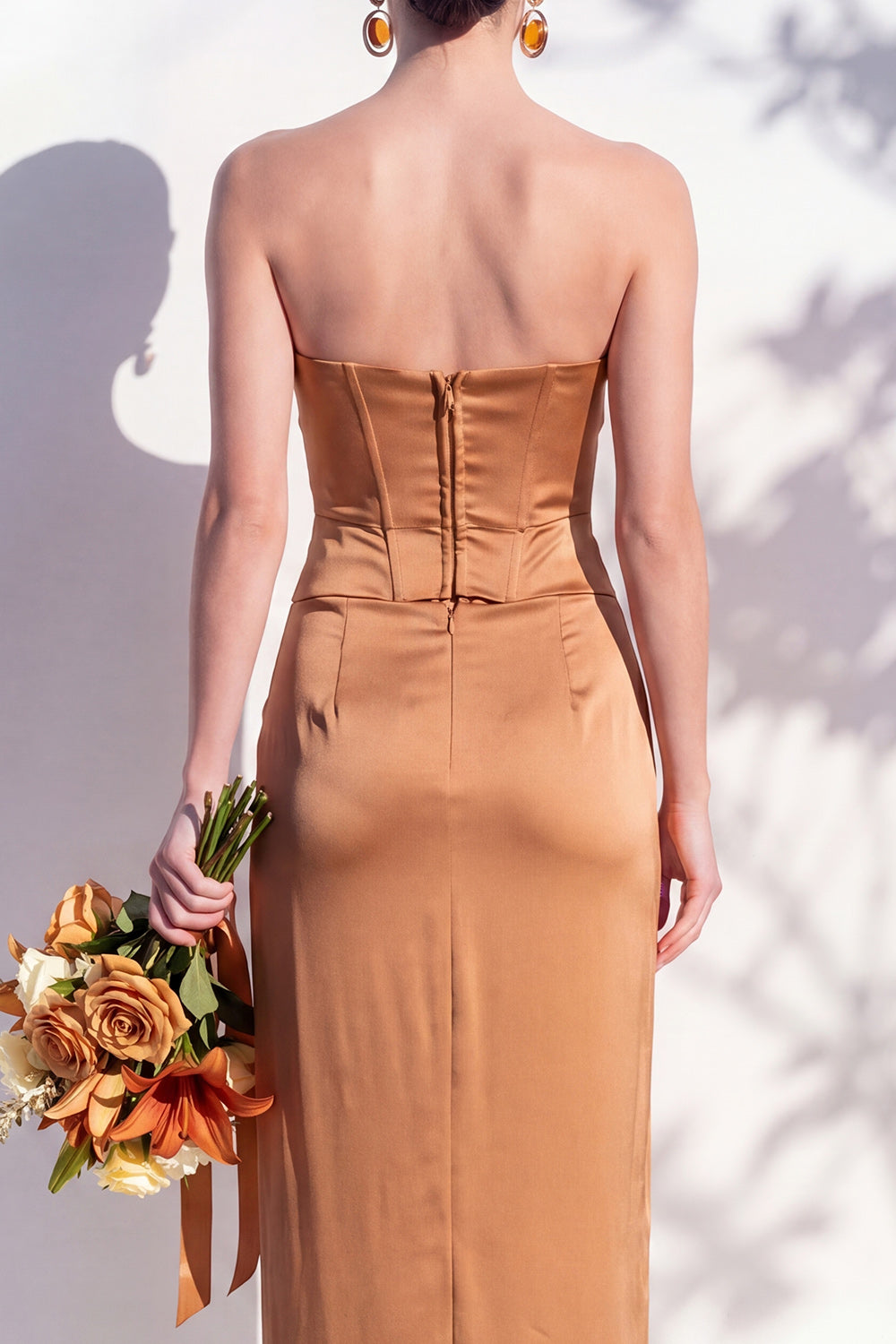 Strapless Yellow Satin Sheath Bridesmaid Dress with Slit