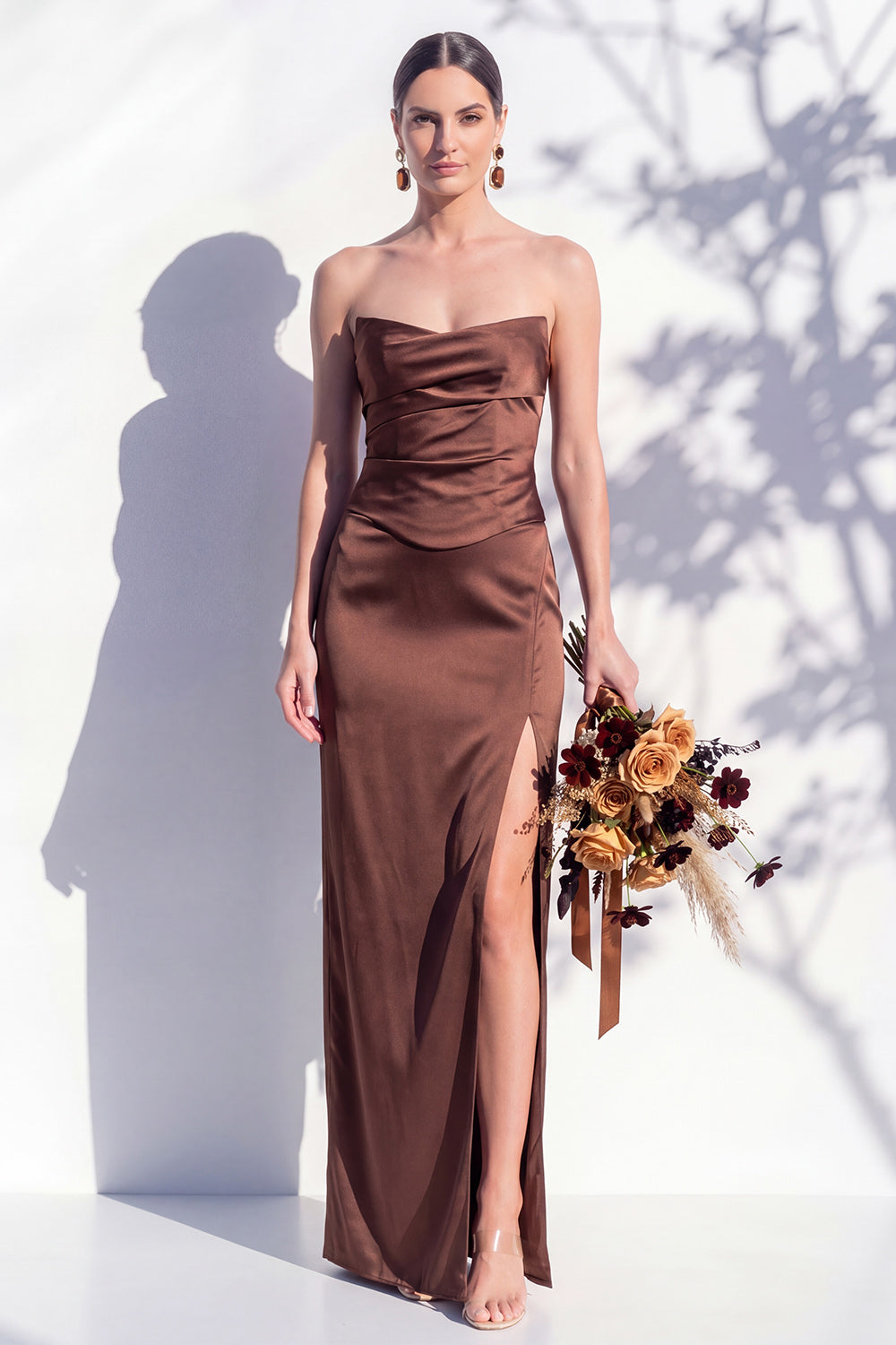 Strapless Yellow Satin Sheath Bridesmaid Dress with Slit