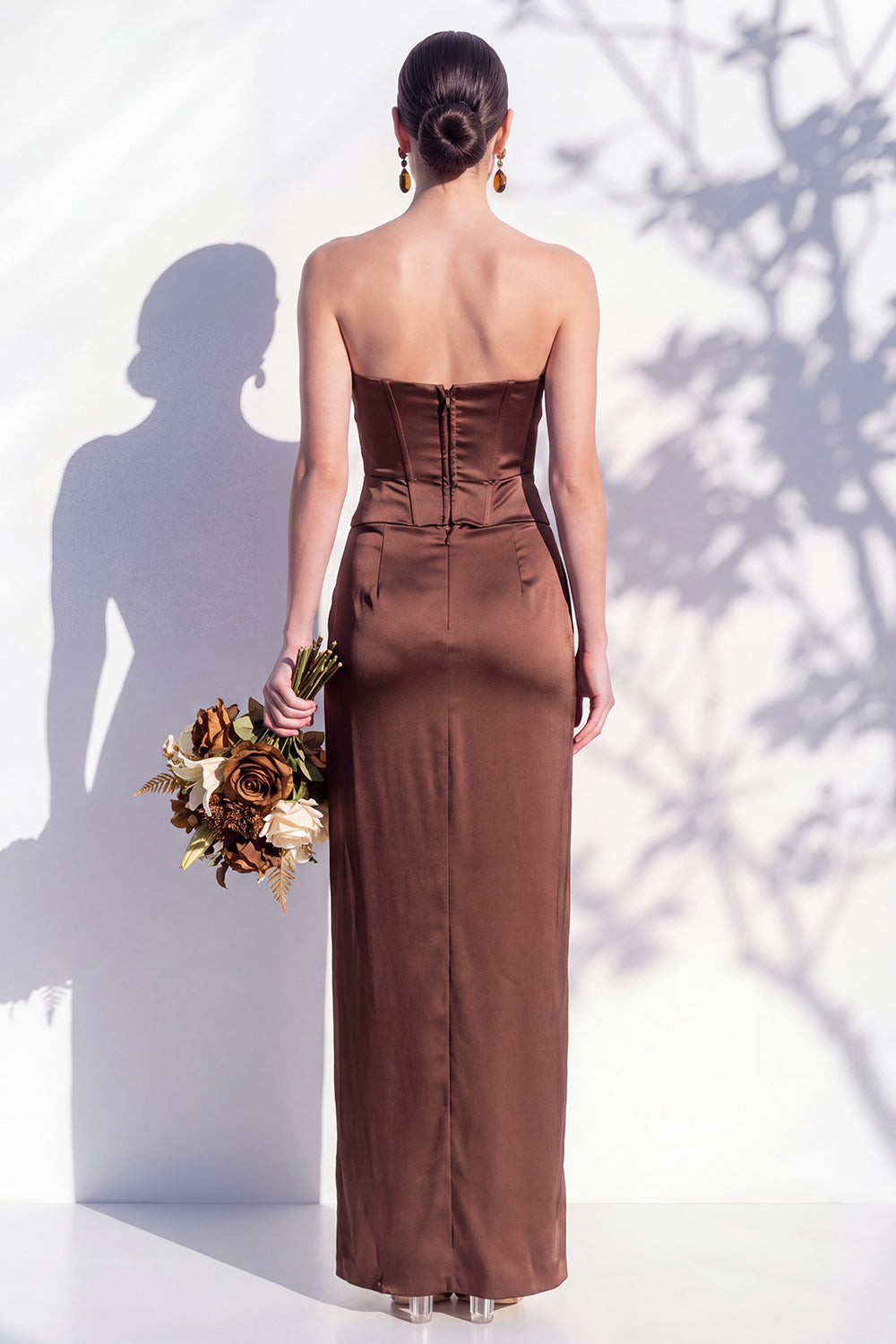 Strapless Yellow Satin Sheath Bridesmaid Dress with Slit