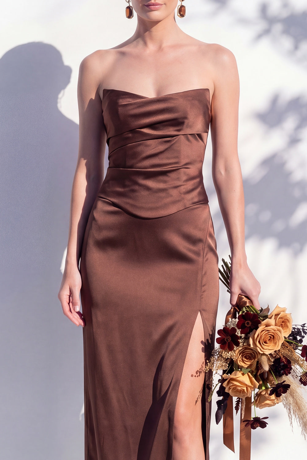 Strapless Yellow Satin Sheath Bridesmaid Dress with Slit