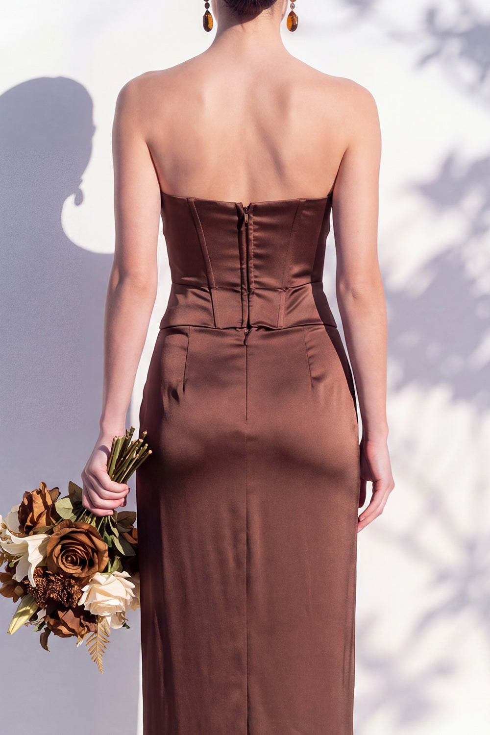 Strapless Yellow Satin Sheath Bridesmaid Dress with Slit