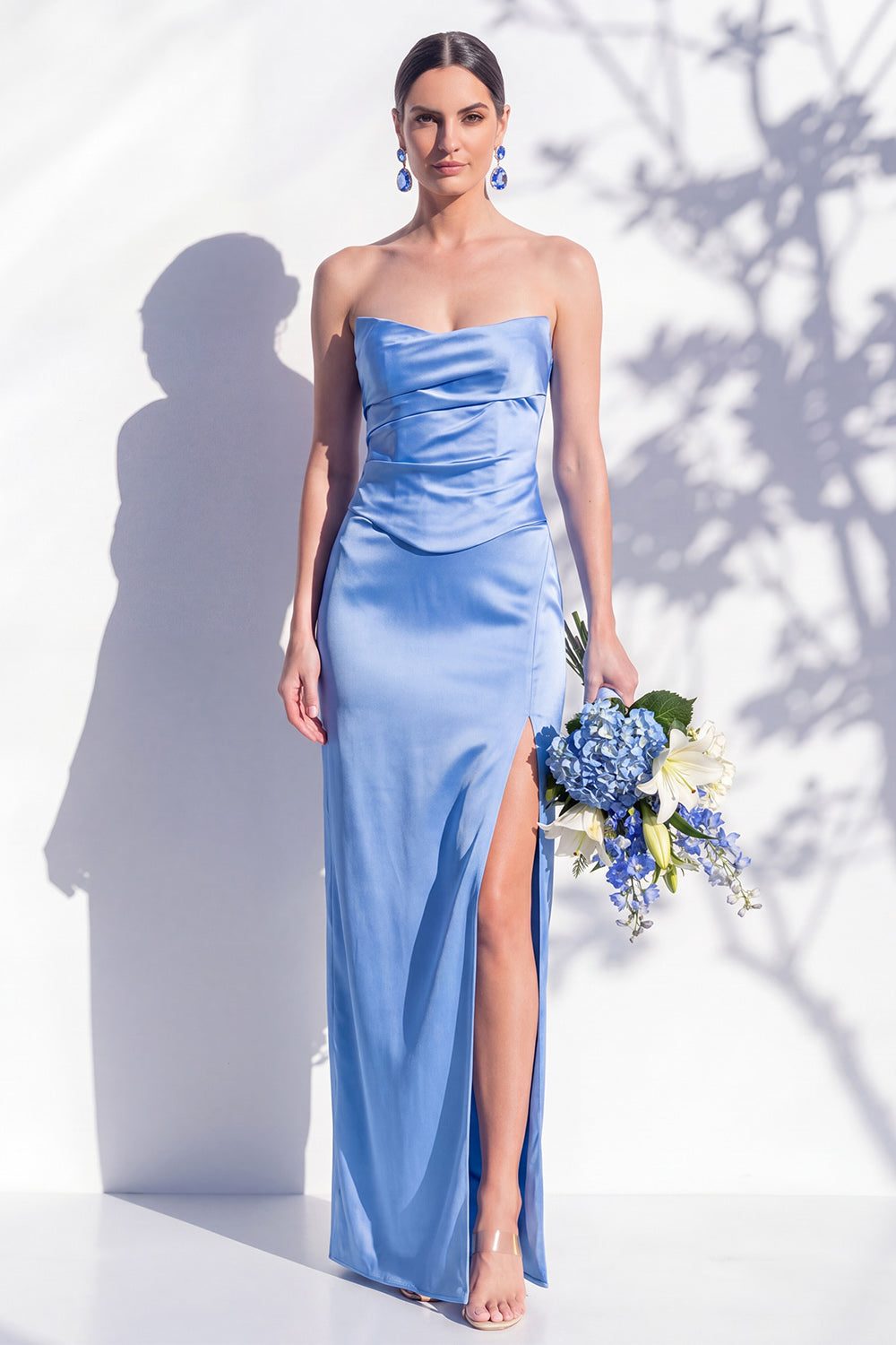 Strapless Yellow Satin Sheath Bridesmaid Dress with Slit