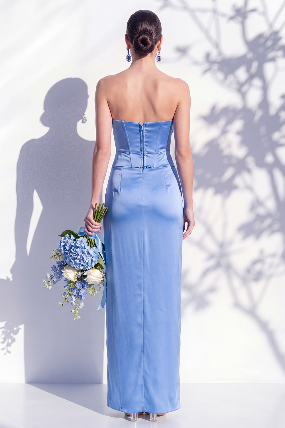 Strapless Yellow Satin Sheath Bridesmaid Dress with Slit