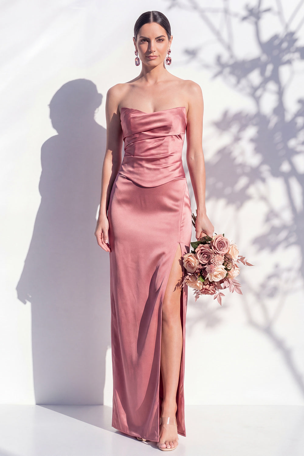 Strapless Yellow Satin Sheath Bridesmaid Dress with Slit