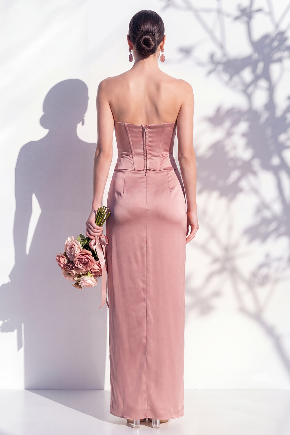 Strapless Yellow Satin Sheath Bridesmaid Dress with Slit
