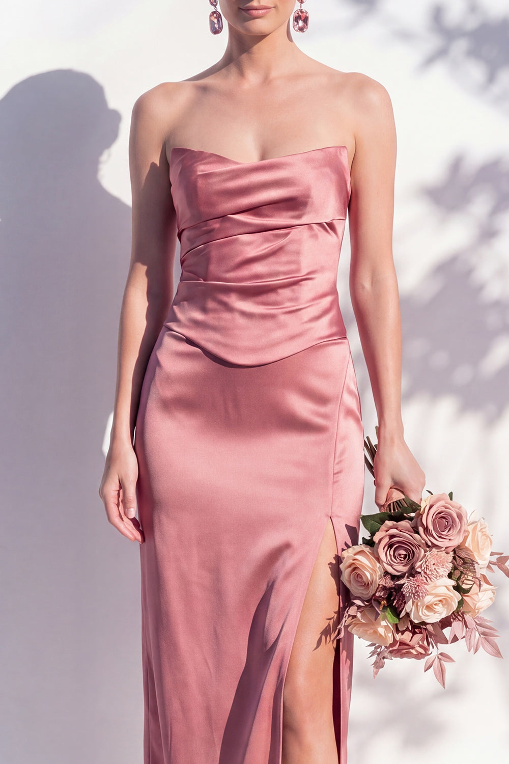 Strapless Yellow Satin Sheath Bridesmaid Dress with Slit