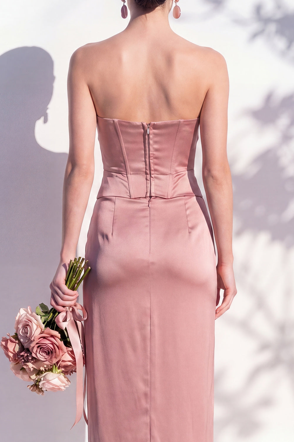 Strapless Yellow Satin Sheath Bridesmaid Dress with Slit