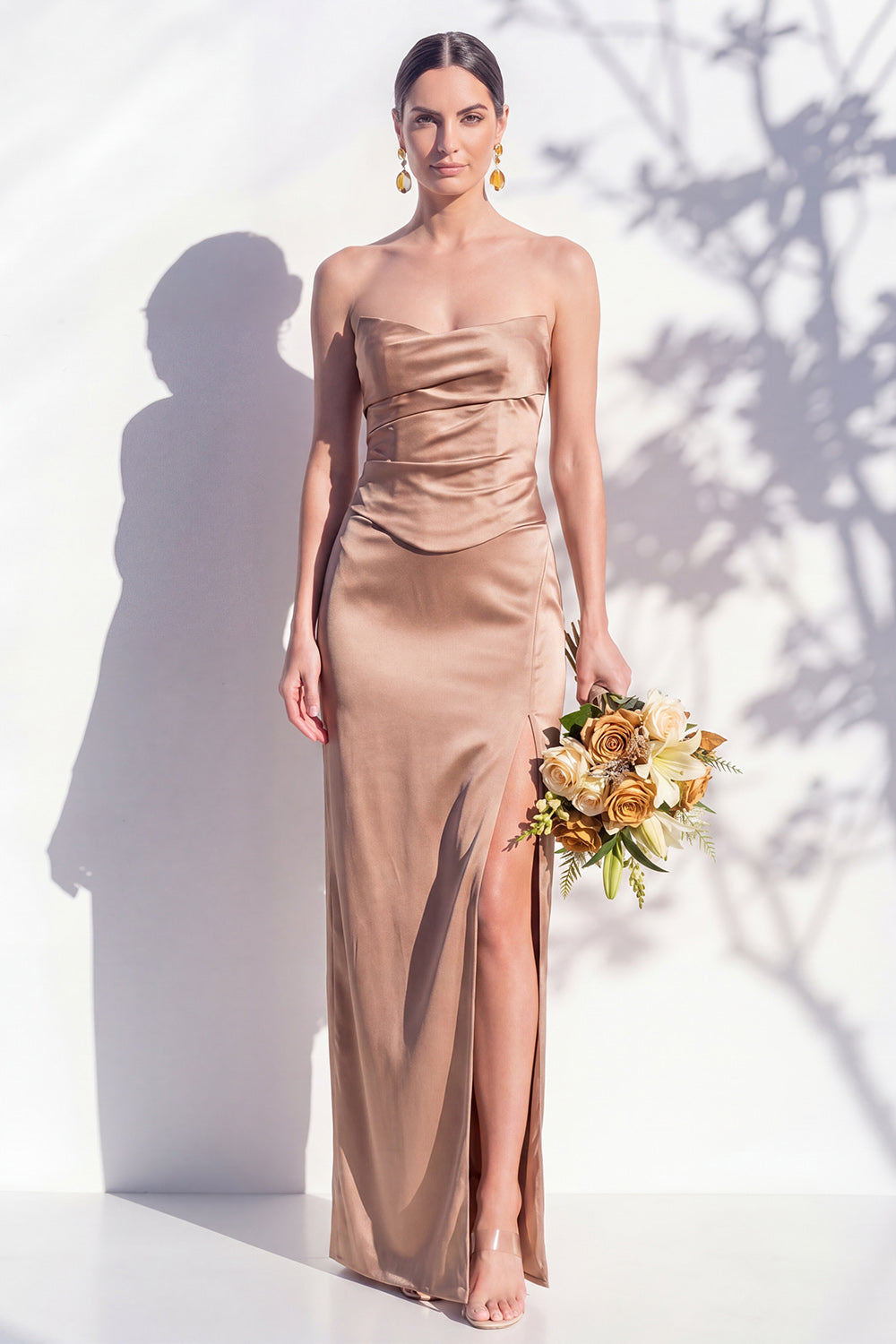 Strapless Yellow Satin Sheath Bridesmaid Dress with Slit