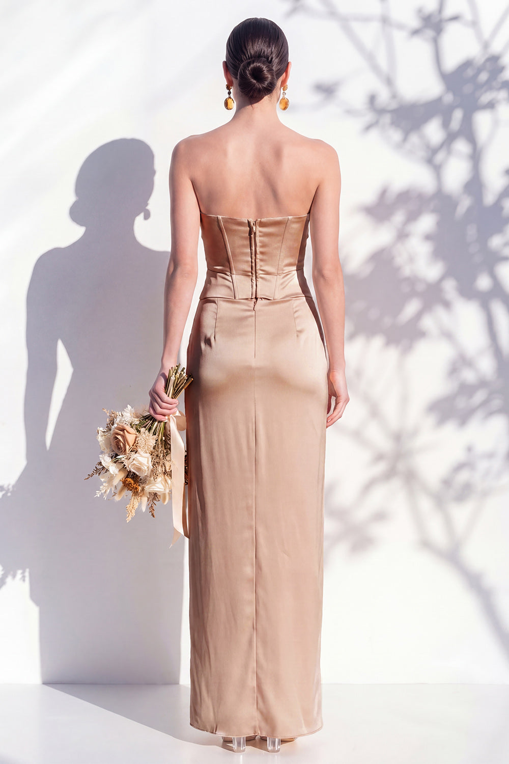 Strapless Yellow Satin Sheath Bridesmaid Dress with Slit