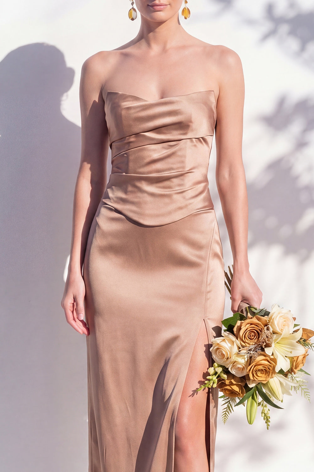 Strapless Yellow Satin Sheath Bridesmaid Dress with Slit