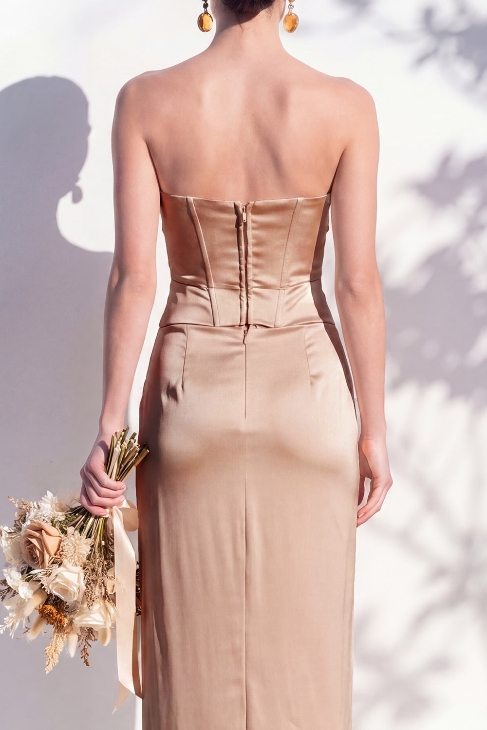 Strapless Yellow Satin Sheath Bridesmaid Dress with Slit