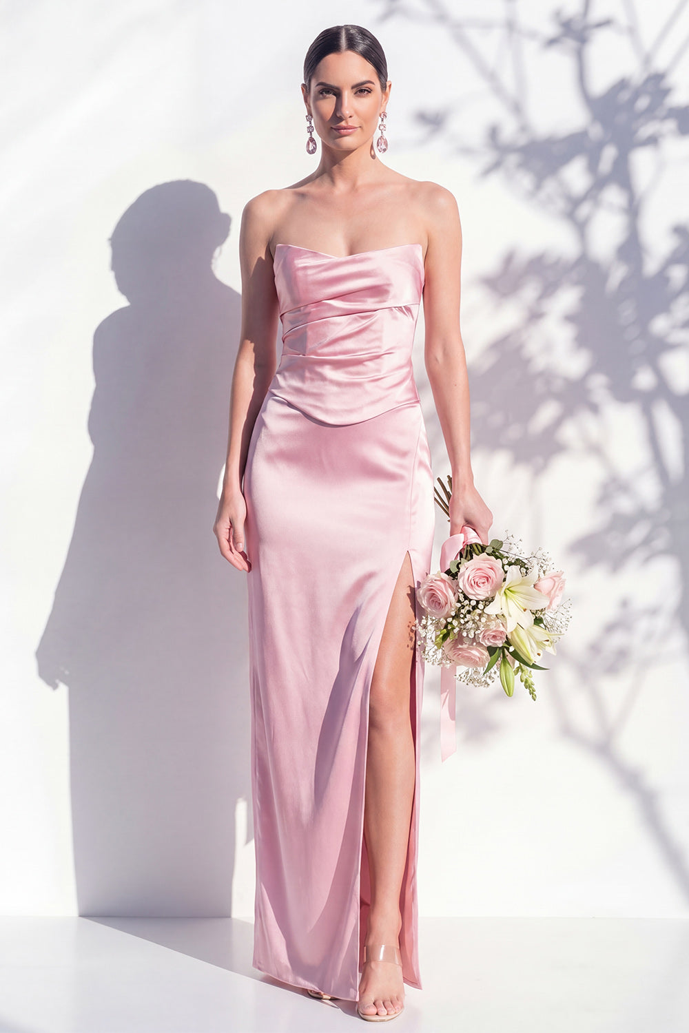 Strapless Yellow Satin Sheath Bridesmaid Dress with Slit