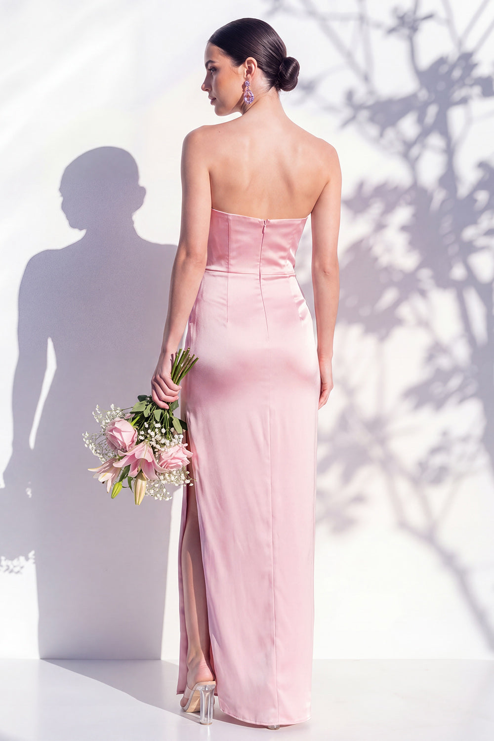 Strapless Yellow Satin Sheath Bridesmaid Dress with Slit