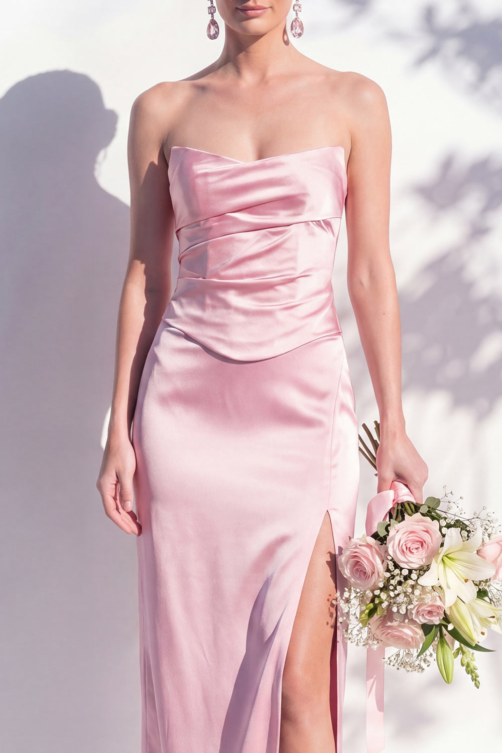 Strapless Yellow Satin Sheath Bridesmaid Dress with Slit