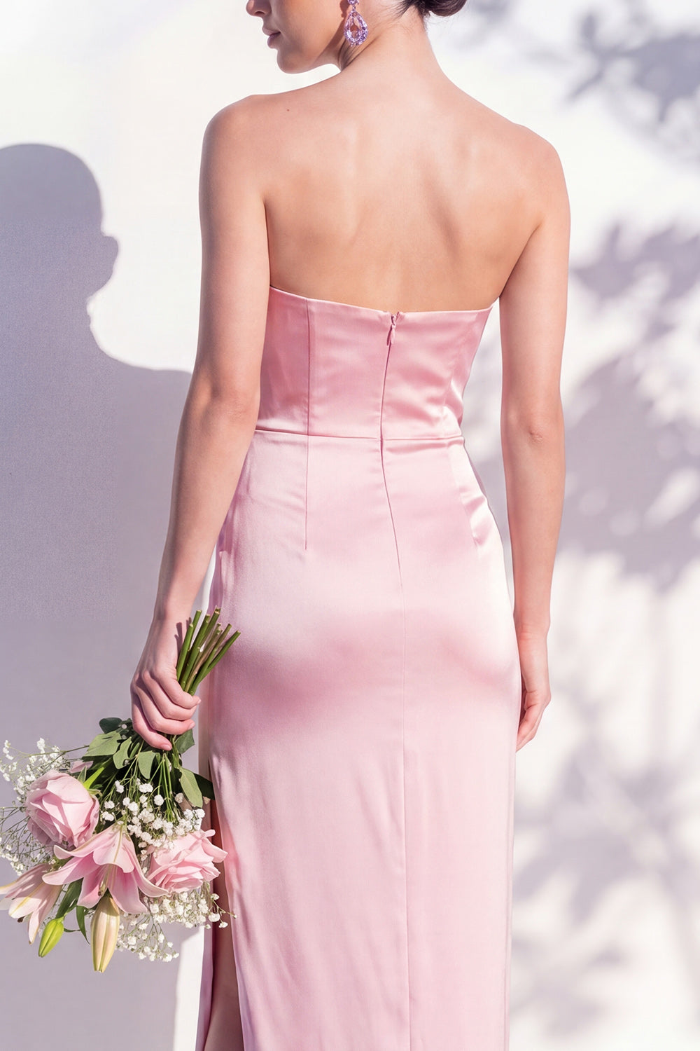 Strapless Yellow Satin Sheath Bridesmaid Dress with Slit