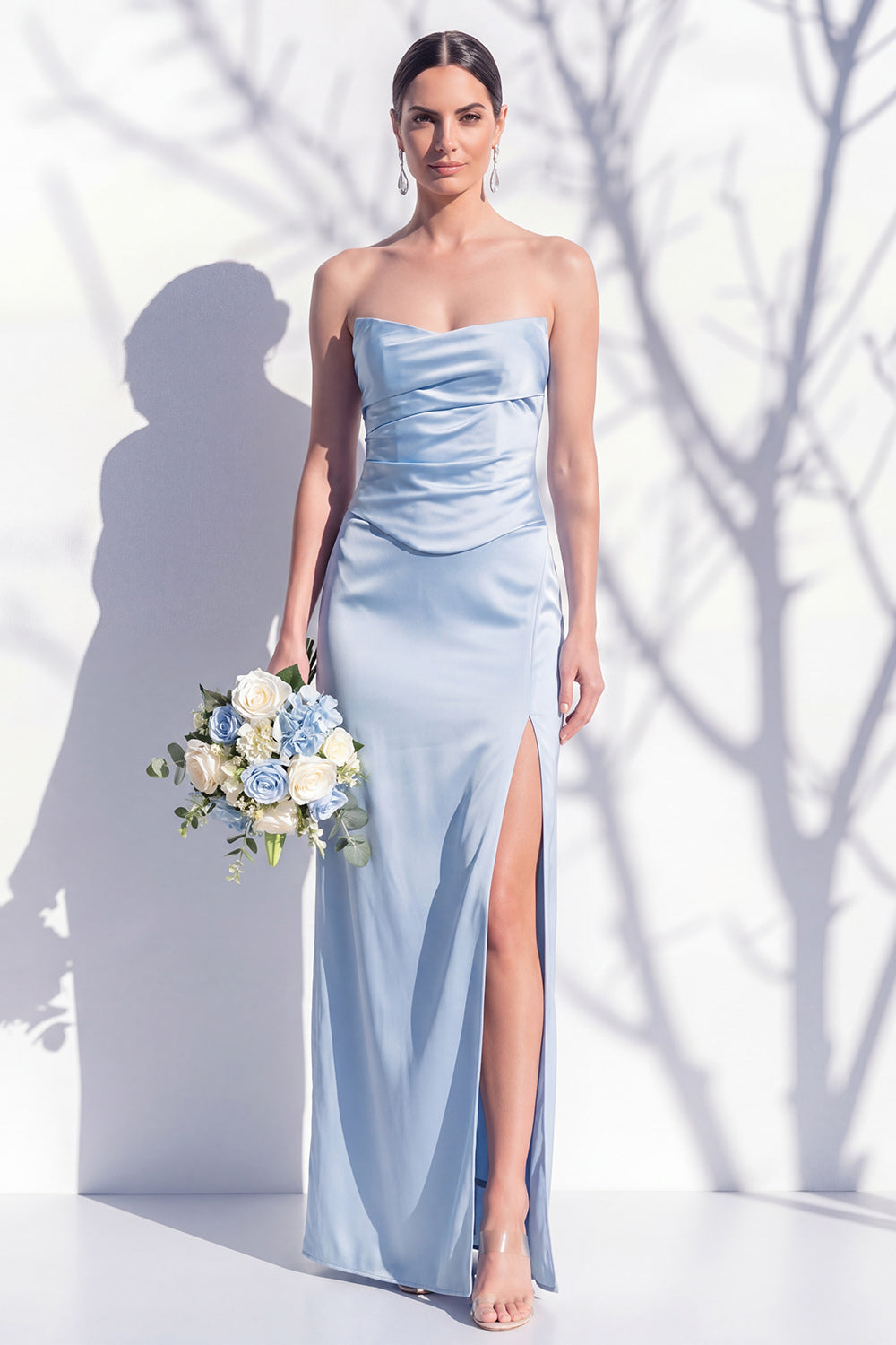 Strapless Yellow Satin Sheath Bridesmaid Dress with Slit