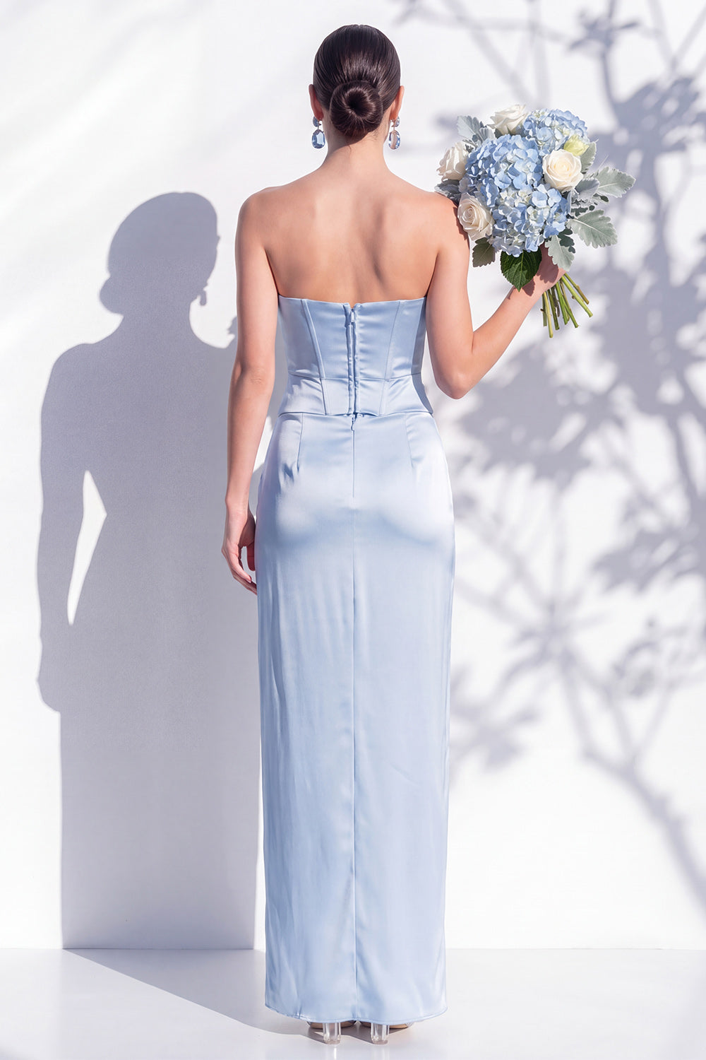 Strapless Yellow Satin Sheath Bridesmaid Dress with Slit
