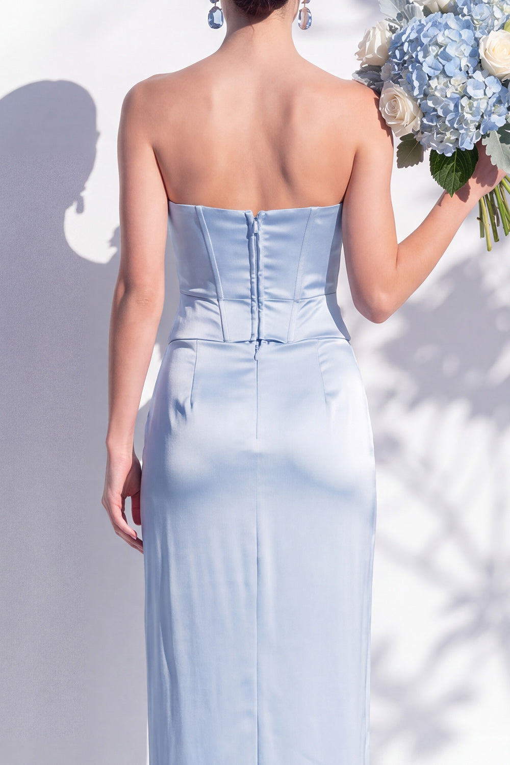 Strapless Yellow Satin Sheath Bridesmaid Dress with Slit