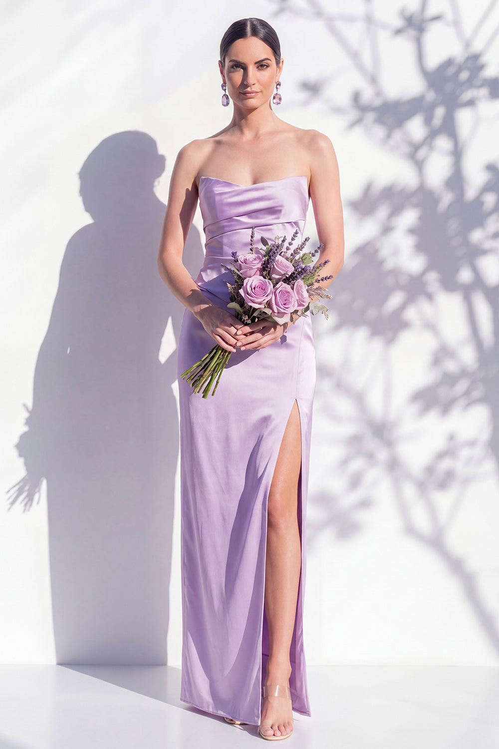 Strapless Yellow Satin Sheath Bridesmaid Dress with Slit