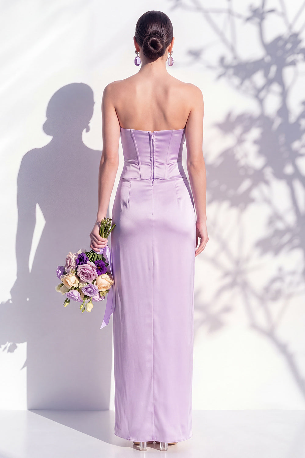 Strapless Yellow Satin Sheath Bridesmaid Dress with Slit