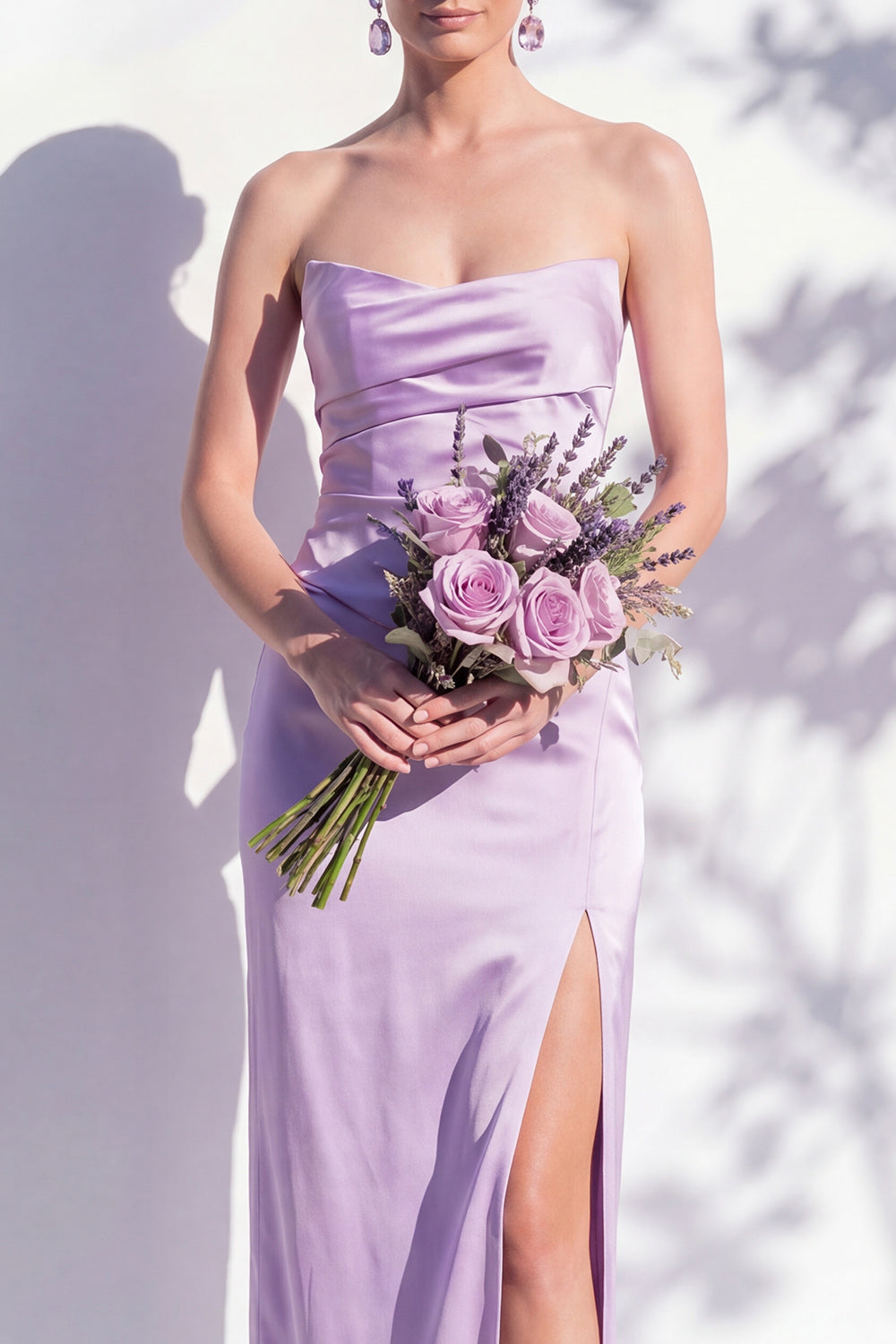 Strapless Yellow Satin Sheath Bridesmaid Dress with Slit