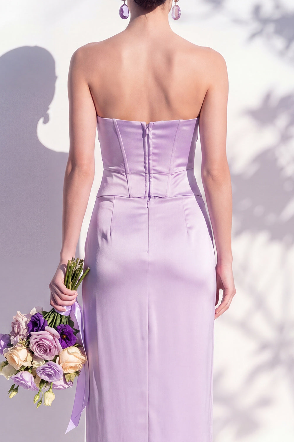 Strapless Yellow Satin Sheath Bridesmaid Dress with Slit
