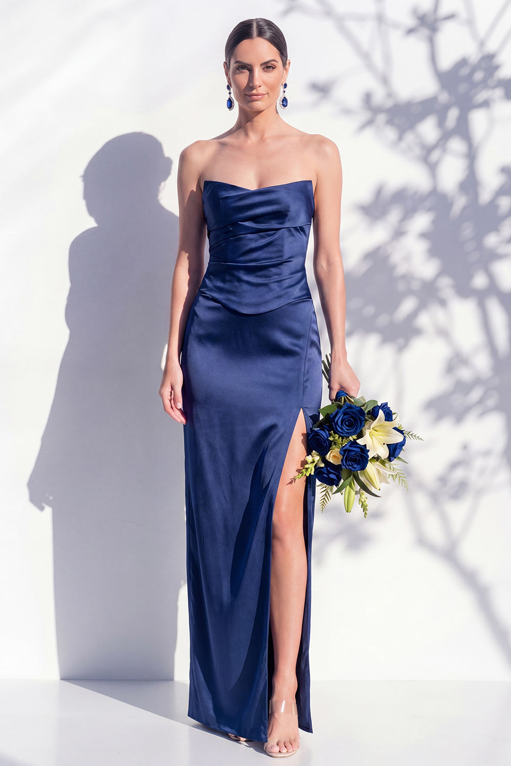 Strapless Yellow Satin Sheath Bridesmaid Dress with Slit