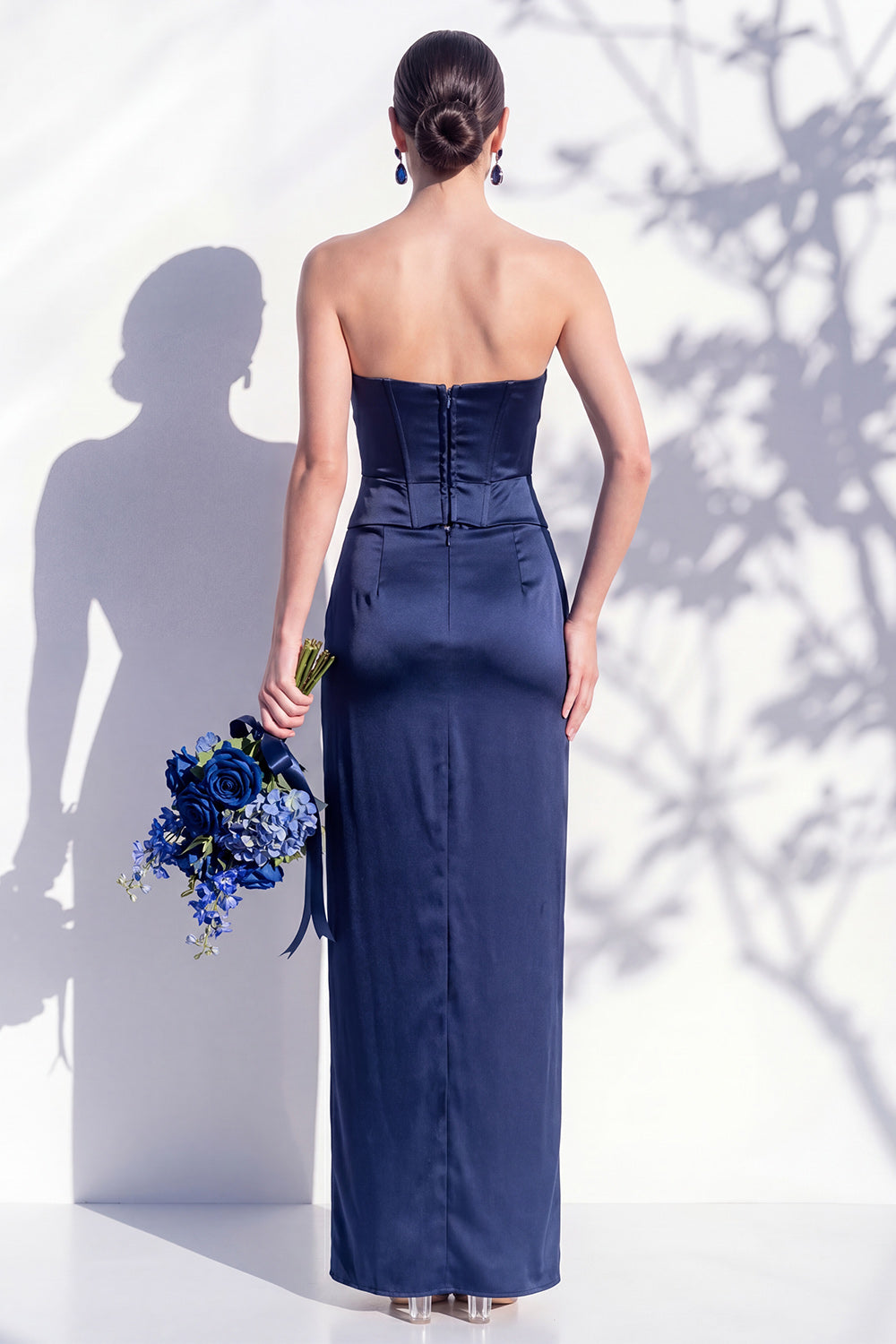 Strapless Yellow Satin Sheath Bridesmaid Dress with Slit