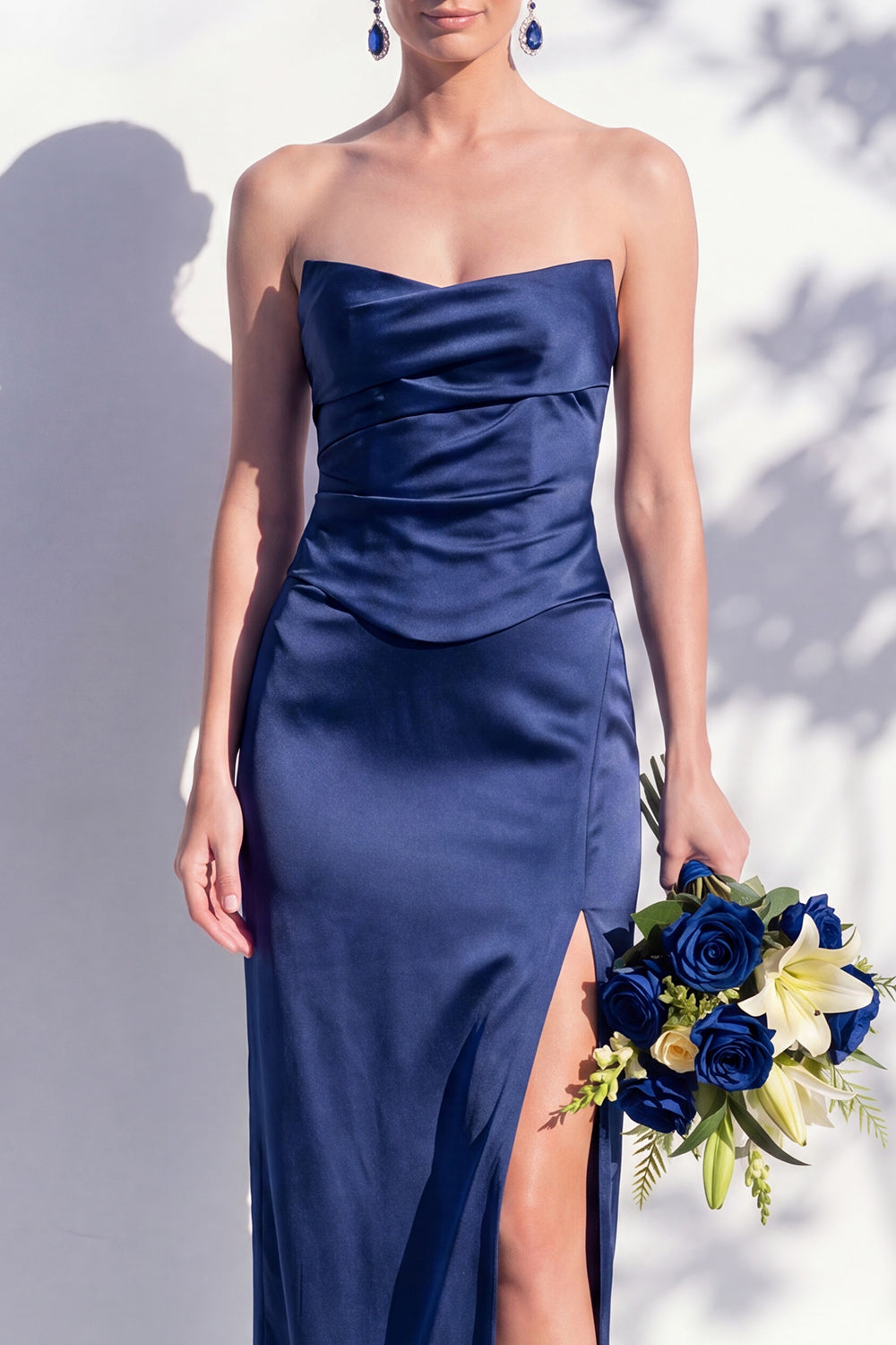 Strapless Yellow Satin Sheath Bridesmaid Dress with Slit