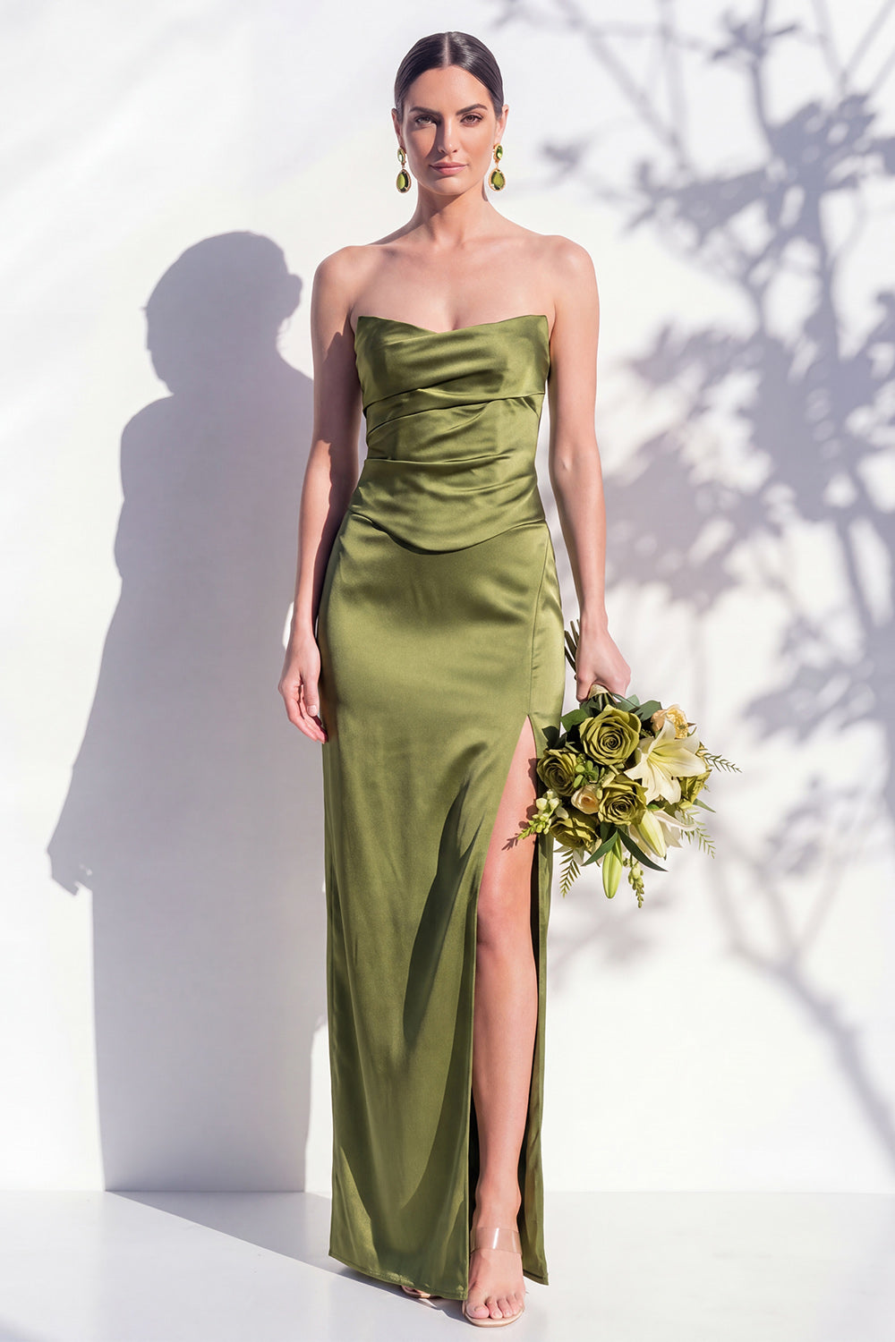 Strapless Yellow Satin Sheath Bridesmaid Dress with Slit