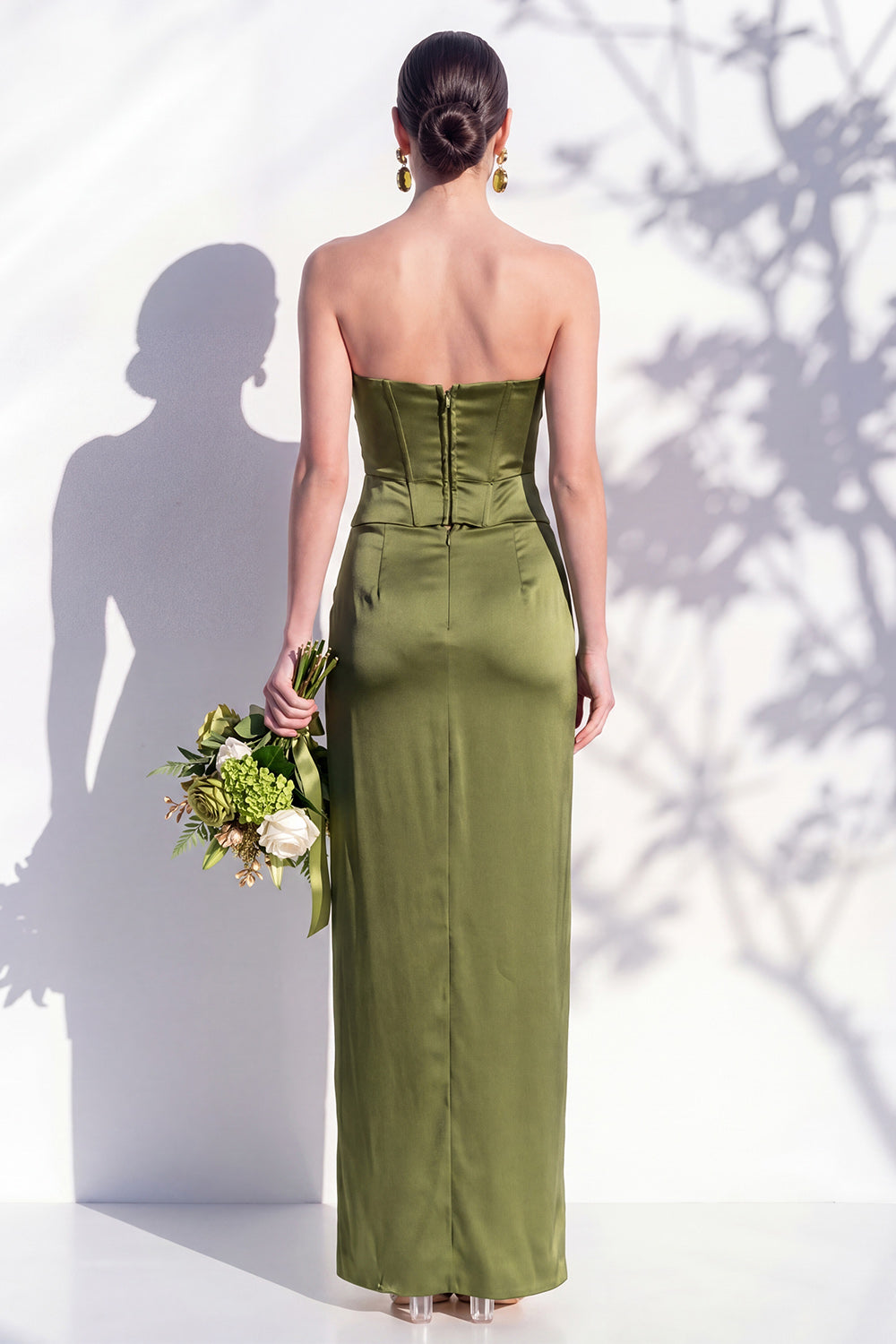 Strapless Yellow Satin Sheath Bridesmaid Dress with Slit