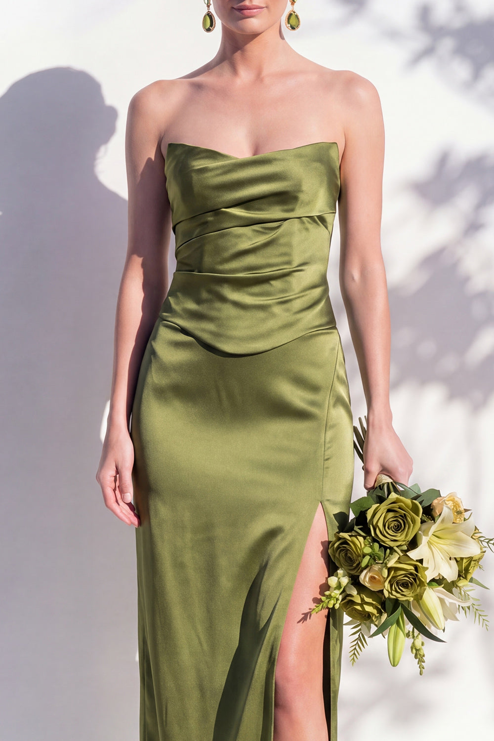 Strapless Yellow Satin Sheath Bridesmaid Dress with Slit