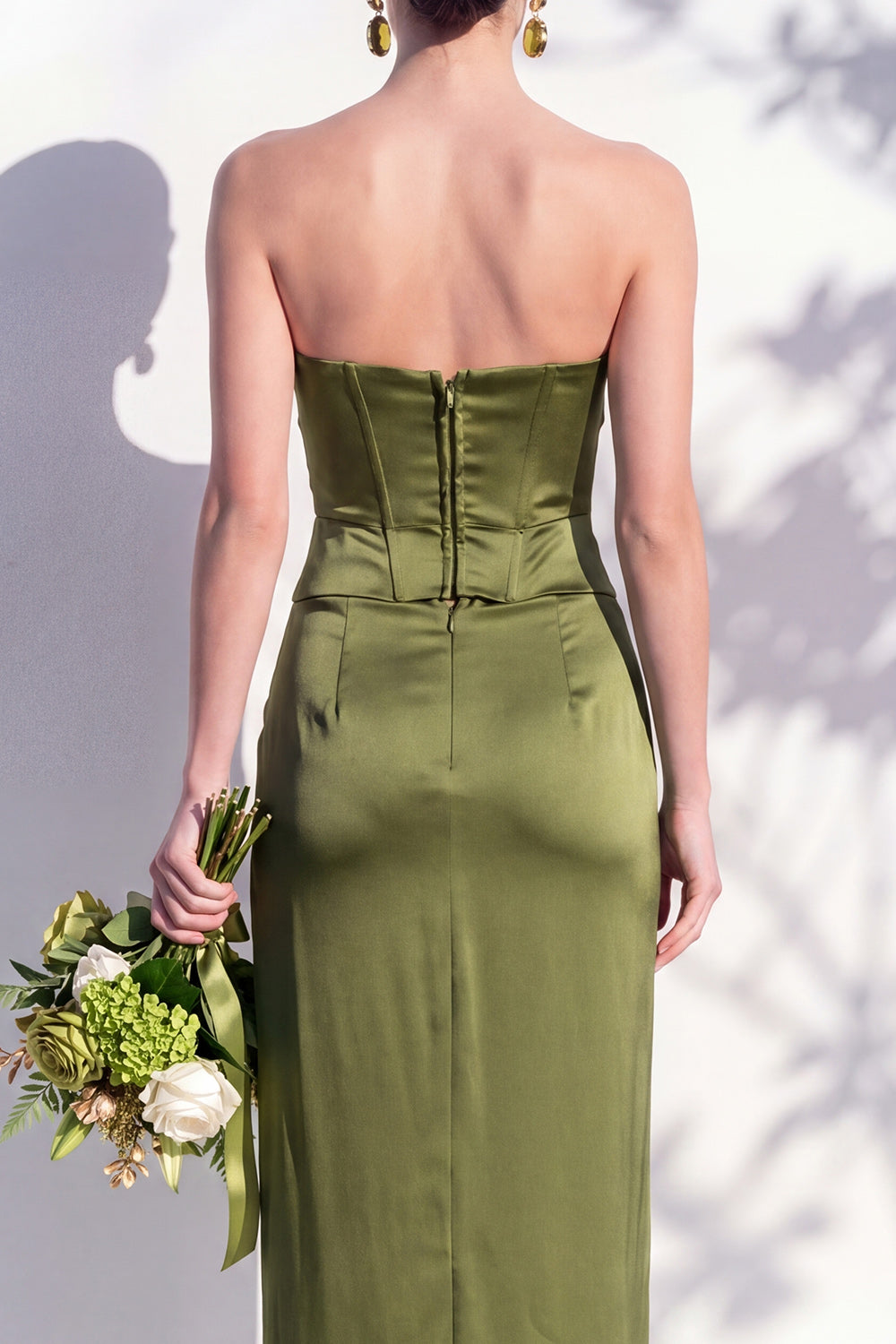 Strapless Yellow Satin Sheath Bridesmaid Dress with Slit