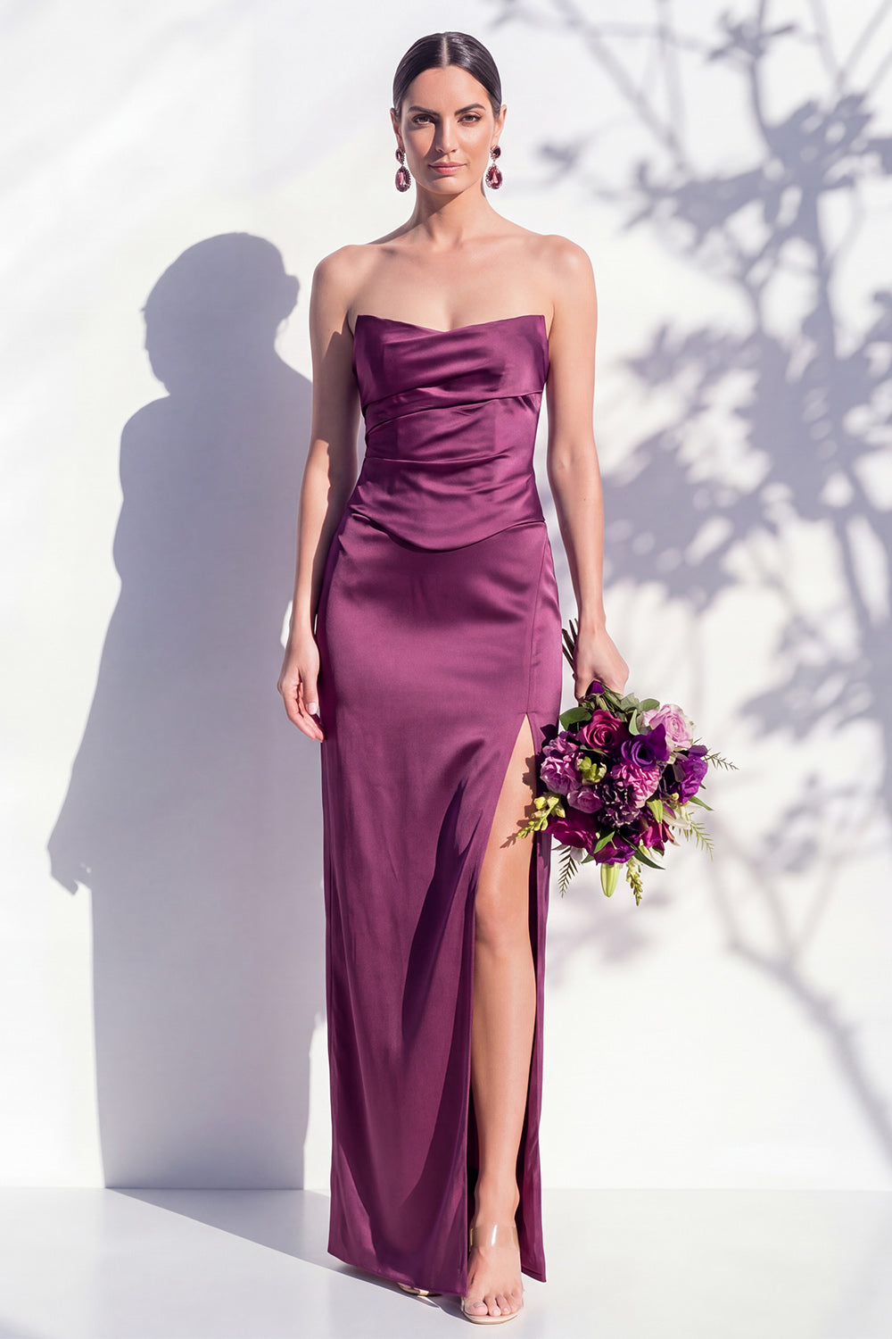 Strapless Yellow Satin Sheath Bridesmaid Dress with Slit
