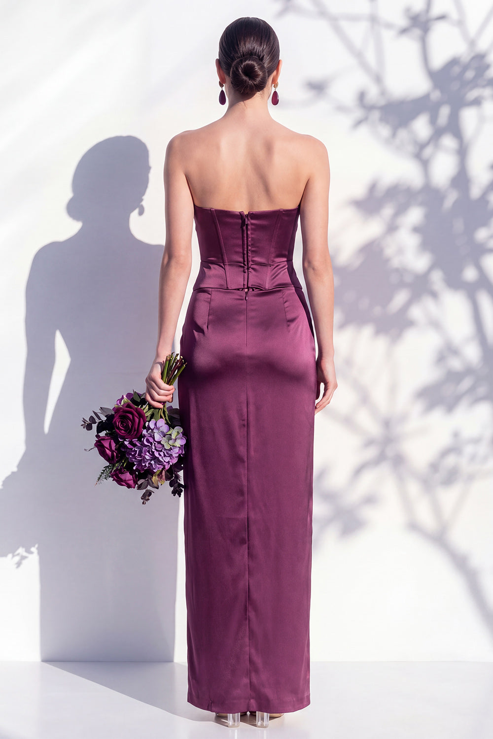 Strapless Yellow Satin Sheath Bridesmaid Dress with Slit