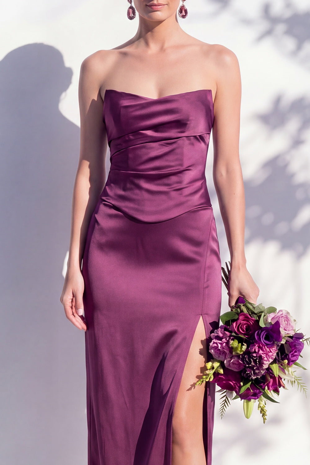 Strapless Yellow Satin Sheath Bridesmaid Dress with Slit