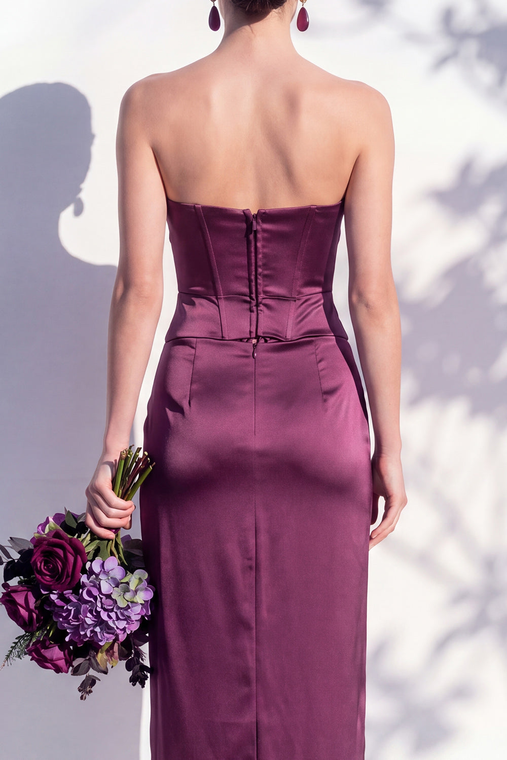 Strapless Yellow Satin Sheath Bridesmaid Dress with Slit