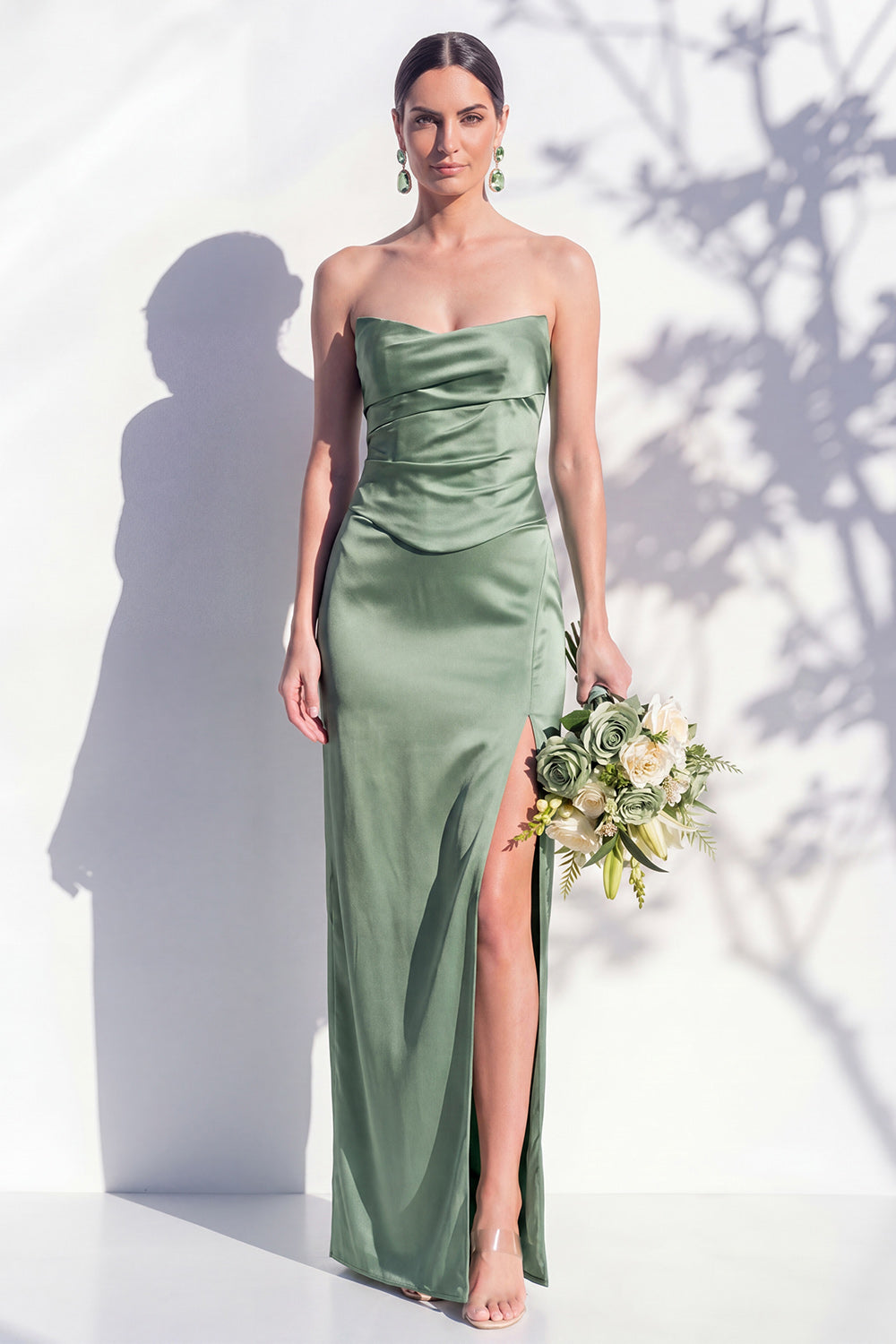 Strapless Yellow Satin Sheath Bridesmaid Dress with Slit