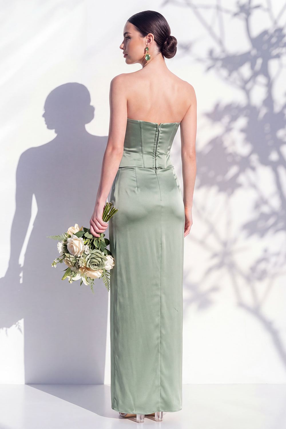 Strapless Yellow Satin Sheath Bridesmaid Dress with Slit