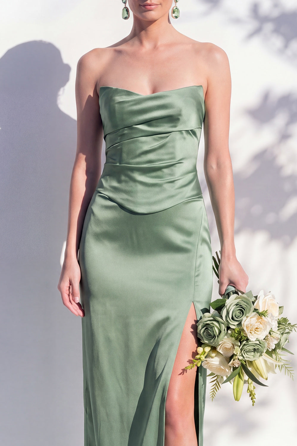 Strapless Yellow Satin Sheath Bridesmaid Dress with Slit