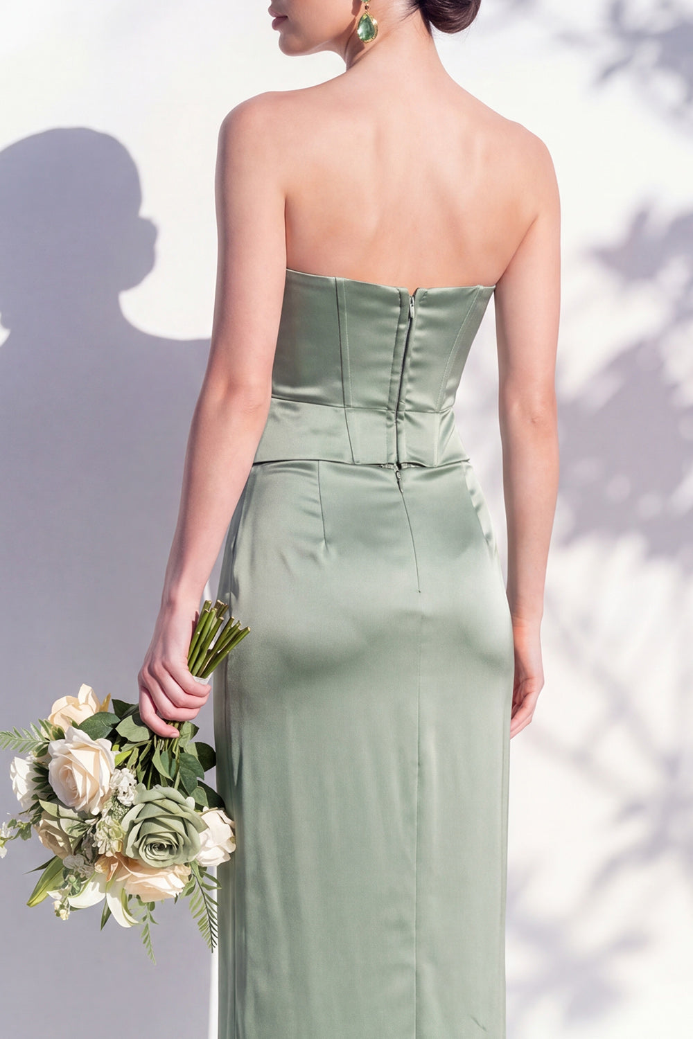 Strapless Yellow Satin Sheath Bridesmaid Dress with Slit