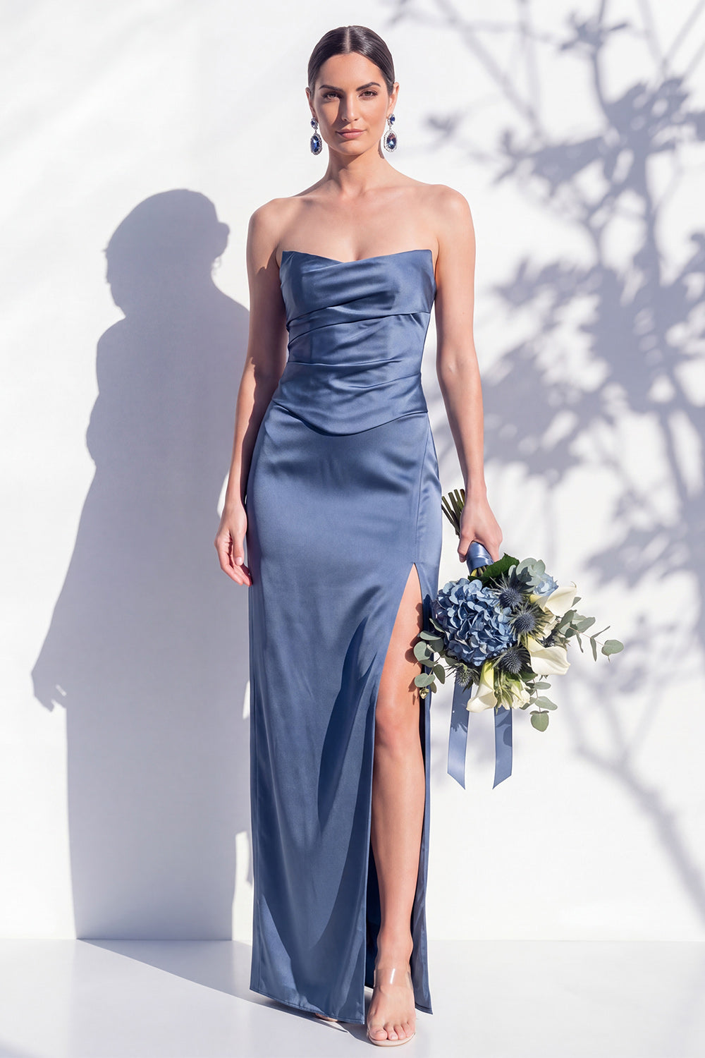 Strapless Yellow Satin Sheath Bridesmaid Dress with Slit
