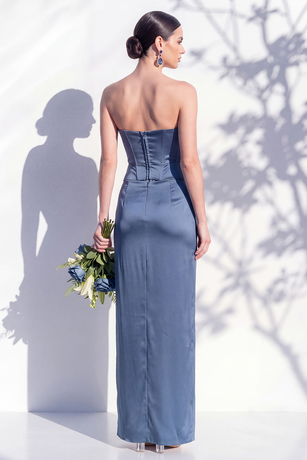 Strapless Yellow Satin Sheath Bridesmaid Dress with Slit