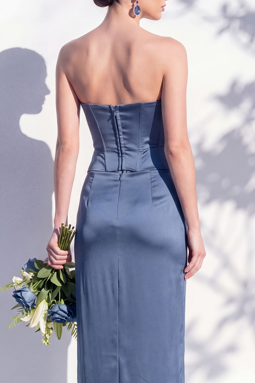 Strapless Yellow Satin Sheath Bridesmaid Dress with Slit