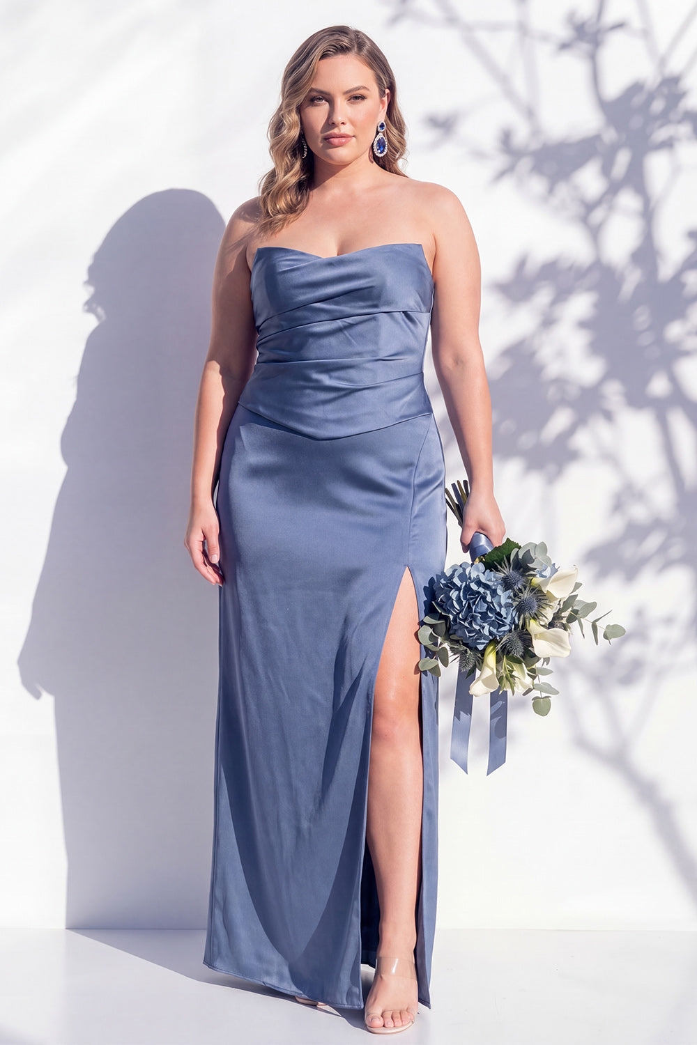 Strapless Yellow Satin Sheath Bridesmaid Dress with Slit