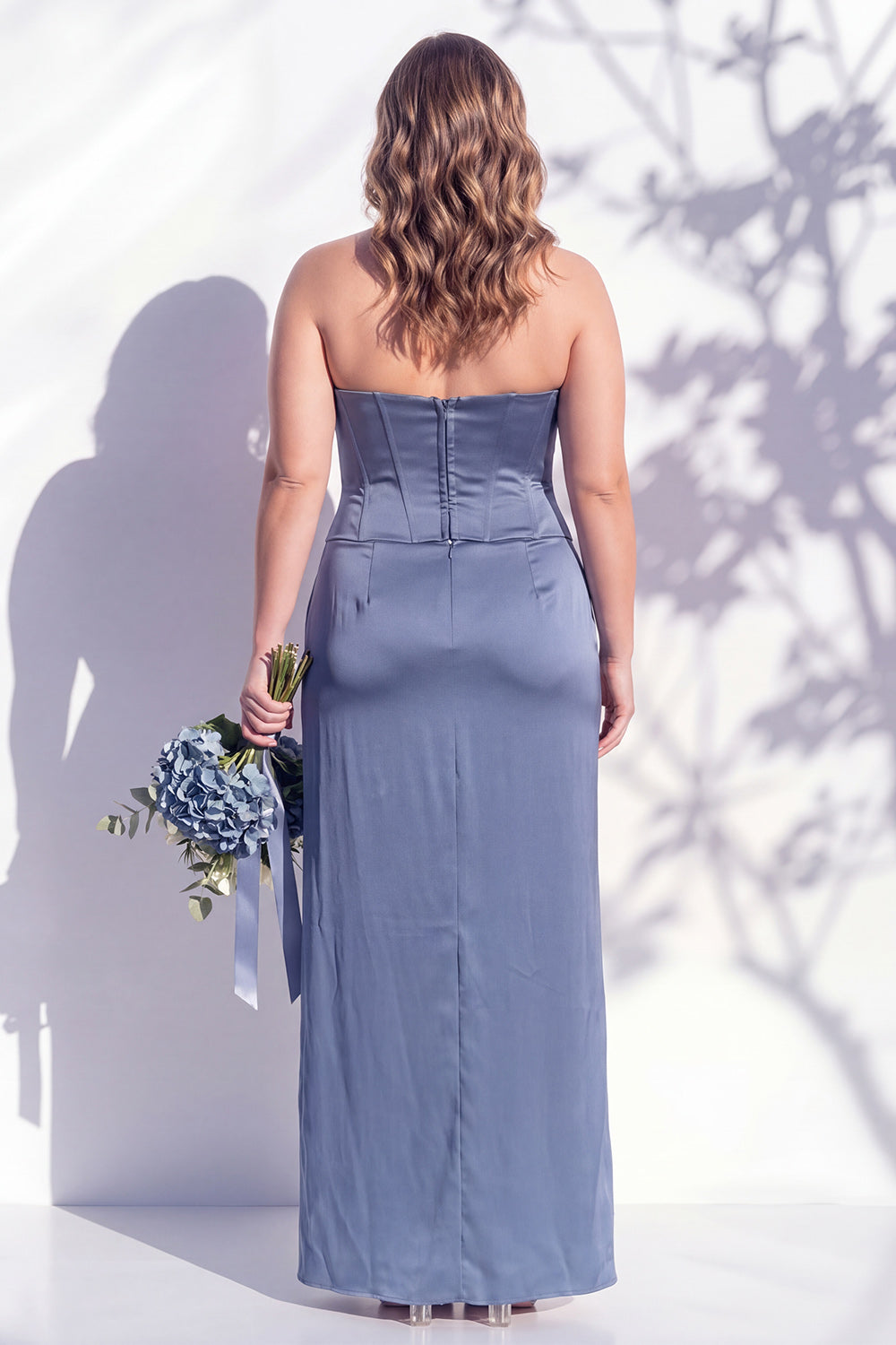 Strapless Yellow Satin Sheath Bridesmaid Dress with Slit