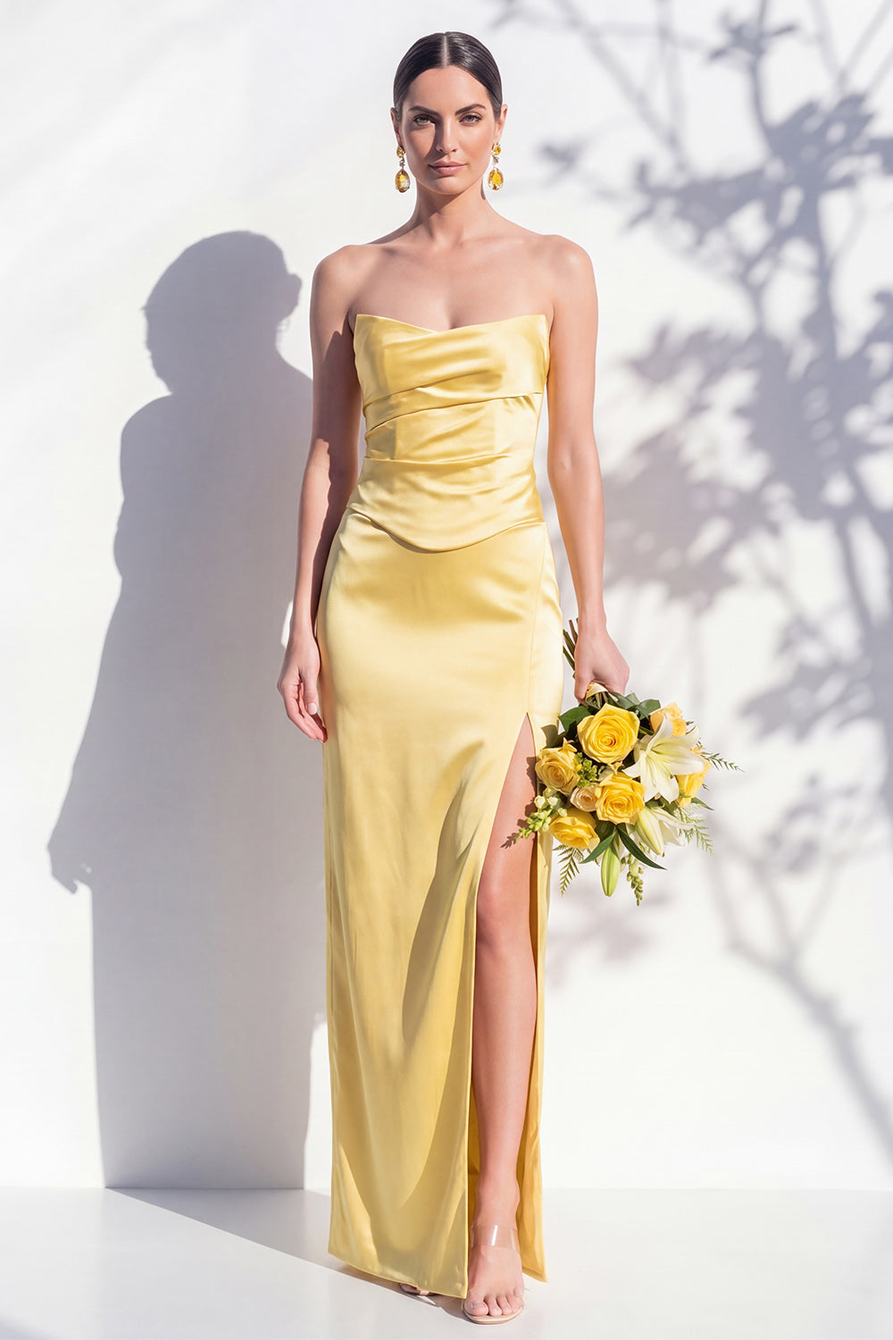 Strapless Yellow Satin Sheath Bridesmaid Dress with Slit