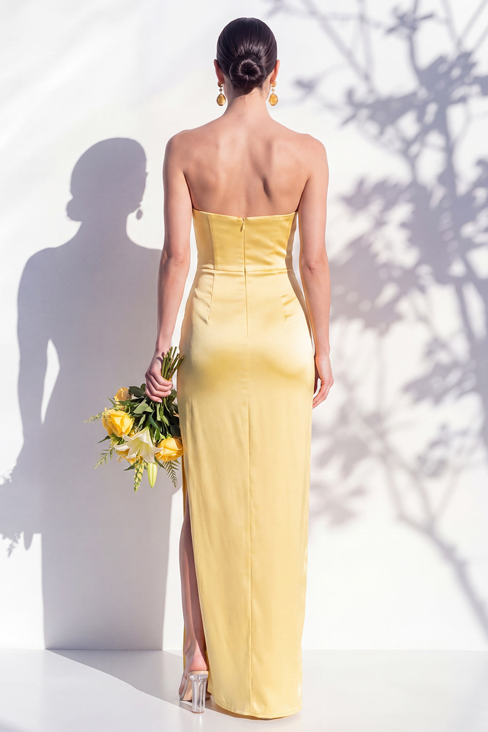 Strapless Yellow Satin Sheath Bridesmaid Dress with Slit