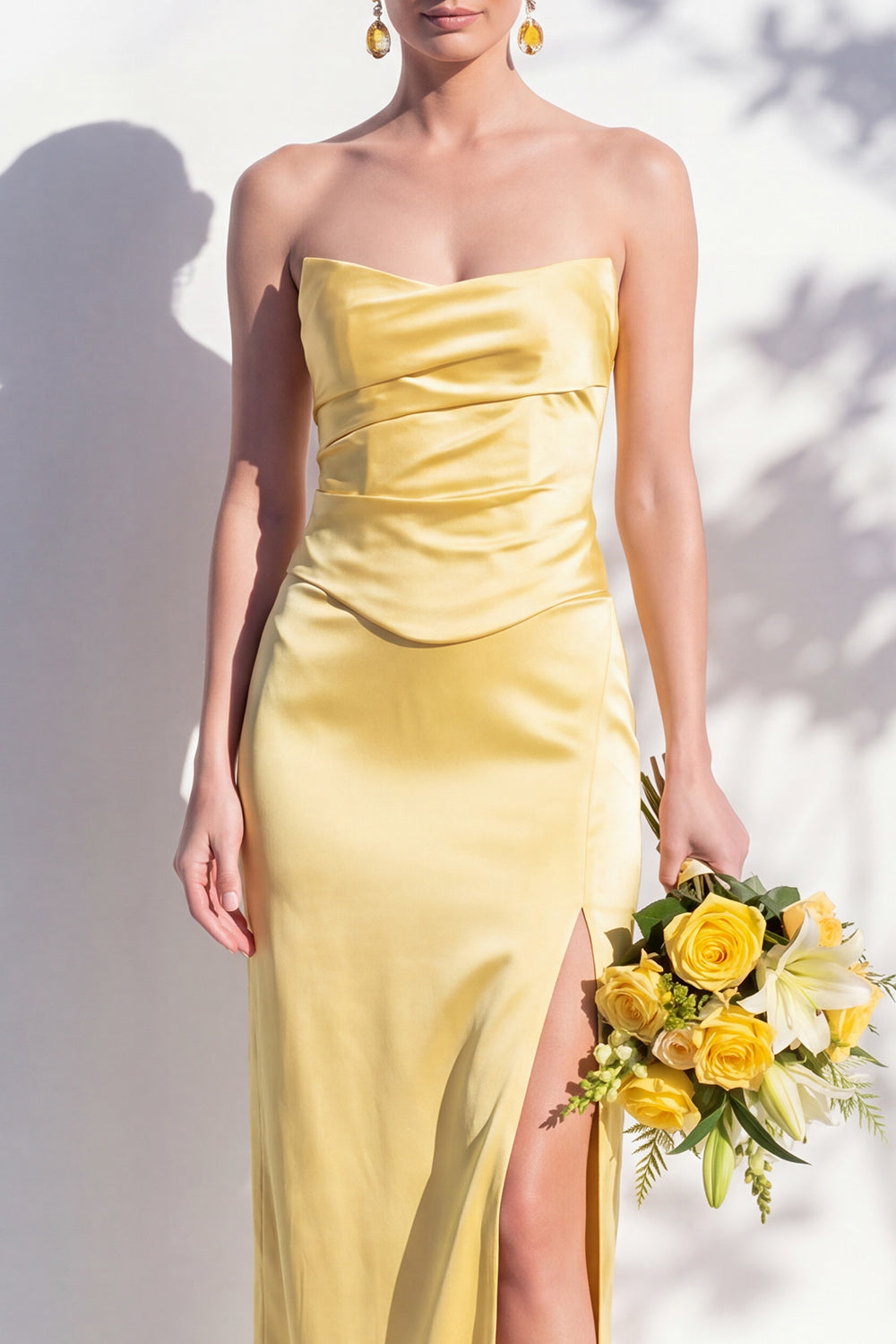 Strapless Yellow Satin Sheath Bridesmaid Dress with Slit